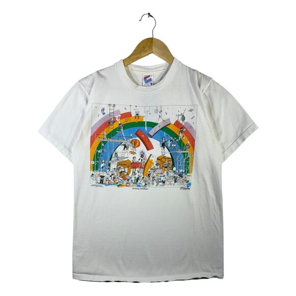 Vintage Building Rainbows Cartoon Graphic T-Shirt Medium - Picture 1 of 7